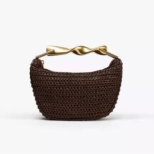 Zara Brown Mini Bag with Metallic Handle - Woven Bag with Gold Handle NWOT